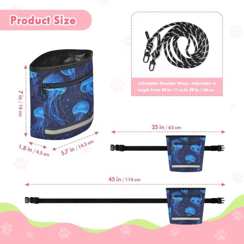 Jellyfish Water-Resistant Dog Treat Pouch, 3 Ways to Wear Treat Bag with Magnetic Closure & Reflective Strip, Hands-Free for Pet Training, Walking