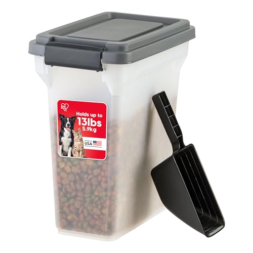 IRIS USA Dog Food Storage Container, Airtight Lid, 2-Cup Scoop, Up to 13 Pounds Pet Food Storage, Versatile Pet Food Bin, Treats, BPA Free, Dark Gray - color: Dark Gray/Clear, size: 13 lbs