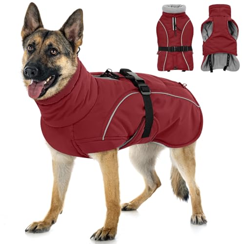 Queenmore Large Coat, Winter Jacket, Waterproof Puffy Snowsuit for Dogs - Adjustable Reflective Fleece Lining Warm Padding Parka for Cold Weather, Red L - color: Red, size: Large