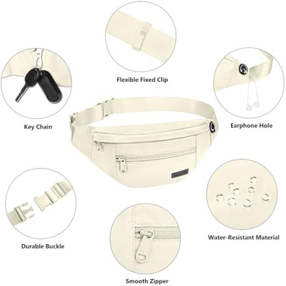 MAXTOP Large Crossbody Fanny Pack with 4-Zipper Pockets,Gifts for Enjoy Sports Festival Workout Traveling Running Casual Hands-Free Wallets Waist Pack Phone Bag Carrying All Phones - color: Beige(Washed Nylon with Silver Metal Zipper), style: Large Fanny