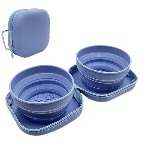 Portable Dog Bowl, Collapsible 2-in-1 Travel Dog Bowls with Carabiner Clip, Silicone Double Pet Food and Water Dish for Outdoor Camping and Hiking (Blue) - color: Blue