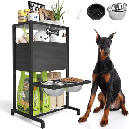 Elevated Dog Bowls: Height Adjustable Raised Dog Stand (4.5'' to 12'') 2 * 1700ml Stainless Steel Bowls + Slow Feeder, Feeding Station w/Storage Organizer & Toy Basket for Medium/Large Breeds - size: Storage Station & Adjustalbe Stand 4.5-12"