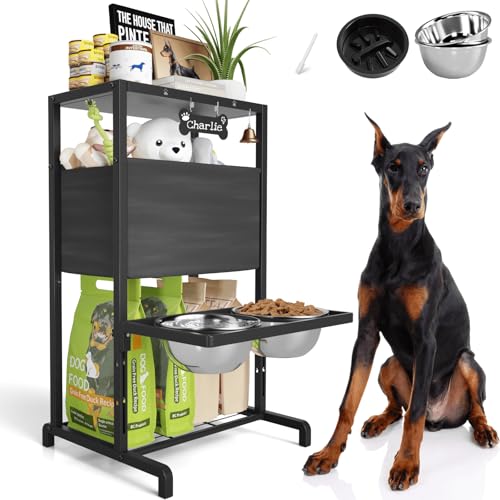Elevated Dog Bowls: Height Adjustable Raised Dog Stand (4.5'' to 12'') 2 * 1700ml Stainless Steel Bowls + Slow Feeder, Feeding Station w/Storage Organizer & Toy Basket for Medium/Large Breeds - size: Storage Station & Adjustalbe Stand 4.5-12"
