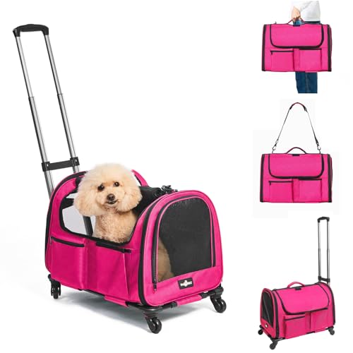 Large Pet Carrier with Wheels, Foldable Rolling Dog Carrier with Big Pocket, Cat Rolling Bag 21"x13"x13" for 2 Cats &Dogs, for Travel, Outdoor, Vet Visits, Camping, Indoor.Pink. (Not for Airline) - color: Pink