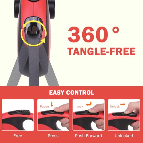 SCENEREAL Retractable Dog Leash for Small Medium Large Dogs up to 110lbs, 26ft 360° Tangle-Free Nylon Tape with Anti-Chewing Wire Rope&Waste Bag Dispenser, Heavy Duty Long Durable One-Handed Brake - color: Chew Proof (Black & Red /26ft)