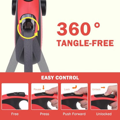SCENEREAL Retractable Dog Leash for Small Medium Large Dogs up to 110lbs, 26ft 360° Tangle-Free Nylon Tape with Anti-Chewing Wire Rope&Waste Bag Dispenser, Heavy Duty Long Durable One-Handed Brake - color: Chew Proof (Black & Red /26ft)