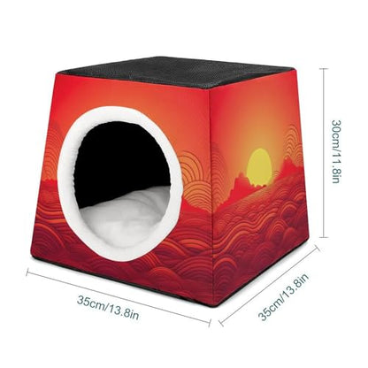 Collapsible Soft Dog Crate Pet Kennel Houses Red Sunrise Printed Lightweight Travel Crate Kennel Indoor & Outdoor, 13.8"x13.8"x11.8"