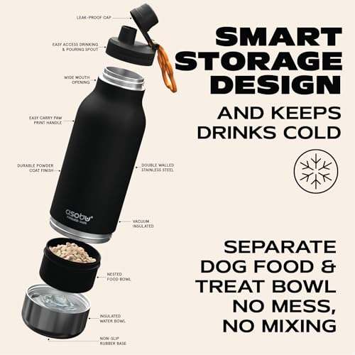 asobu Dog Barky Bottle - 음식, 간식 및 물을 위한 탈착식 강아지 그릇 2개가 있는 단열 스테인리스 스틸 물병 - 하이킹, 도로 여행 및 야외 모험을 위한 반려동물 친화적인 여행용 병 - color: 블랙.