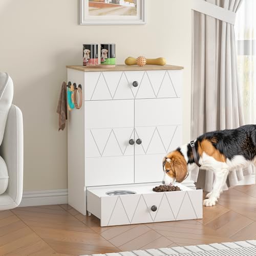 Pet Feeding Station with Storage, Raised Dog Bowls, Pet Feeder Cabinet, with Adjustable Shelves, Rolling Drawer, Hooks, for Feeding & Watering Supplies (Light) - color: Light