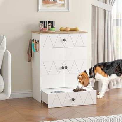 Pet Feeding Station with Storage, Raised Dog Bowls, Pet Feeder Cabinet, with Adjustable Shelves, Rolling Drawer, Hooks, for Feeding & Watering Supplies (Light) - color: Light