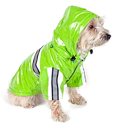 Pet Life ® Reflecta-Glow Multi-Adjusting Reflective Year-Round Fleece Reversed PVC Pet Jacket Waterproof Dog Raincoat with Removable Hood - color: Lime Green, size: X-Small