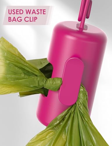 Gobeigo Dog Poop Bag Holder【Convenient Hook for Used Bags】【Silicone Strap Fits Any Leash】【Large Opening for Easy Dispensing】with 1 Roll Waste Bags (Hot Pink) - color: Hot Pink