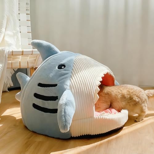 2026 New Shark Cat Bed, Shark Shaped Kennel, Anti-Slip Bottom, Cute Winter Warm Soft Sharks Mouth Cat Caves, Semi-Closed Cosy Cave Hideaway for Cats & Small Dogs (A,S) - color: A, size: S