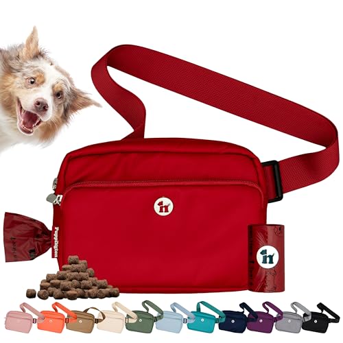 Puppington 3-in-1 Crossbody Dog Walking Bag & Treat Pouch with Matching Planet Safe Poop Bags & Built-In Dispenser - Dog Mom Gift for Puppy Training with Zippered Pockets (Ruby Red) - color: Ruby Red