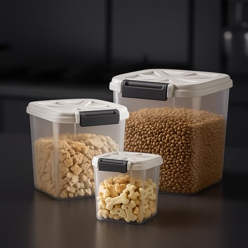 LivLab Mker Airtight Dog Food Storage Container 20 lbs, Pet Food Storage Bin with Lid 4 lbs & 6 lbs & 10 lbs, 3 Pack, Cat Treat Container, Stackable, 3 Measuring Cup, Save Space,White - color: 20LBS-3Pack-White-2