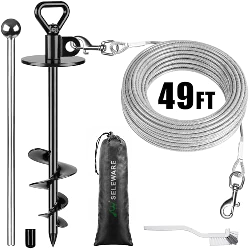 SELEWARE 49 ft Dog Tie Out Cable and Stake, Anti-Rust Dog Anchor with Composed of Stainless Steel Wire Cable for Large Dogs up to 220 lbs, Free Swivel Dog Stake Dog Camping Gear - color: Black-C, size: 50 ft cable + stake