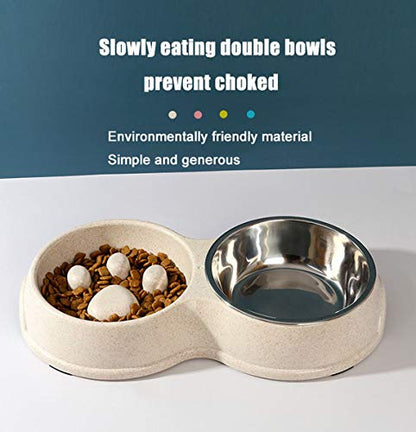 Tineer Double Pet Dog Slow Feeder Bowl,Stainless Steel Anti-Choke Puppy Food and Water Feeder for Dog Cats (Pink) - color: Pink