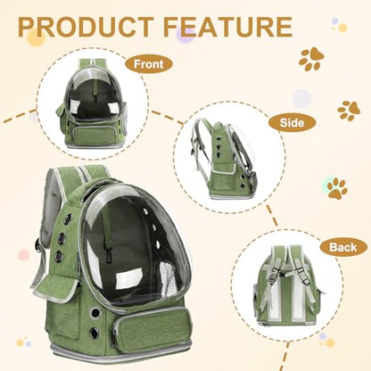 Pet Backpack Carrier, Portable and Ventilated, Oxford Cloth, Dog Cat Travel Bag with Transparent Cover 13.39", (Green, 1 Pcs), Intended for Hiking/Camping/Traveling - color: Green