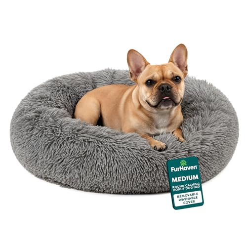 Furhaven 30" Round Calming Donut Dog Bed for Medium/Small Dogs, Refillable w/ Removable Washable Cover, For Dogs Up to 45 lbs - Shaggy Plush Long Faux Fur Donut Bed - Gray, Medium - color: Gray, size: Medium