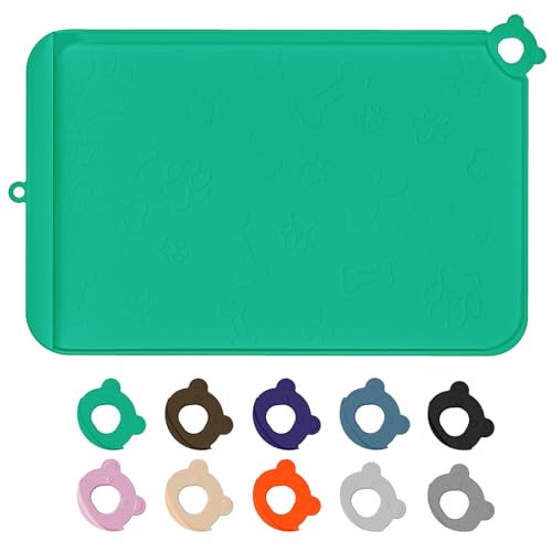 Silicone Pet Feeding Mat - Waterproof Dog & Cat Bowl Mat with Raised Edges, Hooks & Residue Collection Pocket - color: Turquoise Green, size: 36''x24''