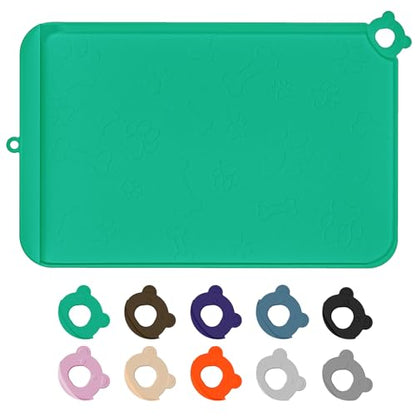 Silicone Pet Feeding Mat - Waterproof Dog & Cat Bowl Mat with Raised Edges, Hooks & Residue Collection Pocket - color: Turquoise Green, size: 36''x24''