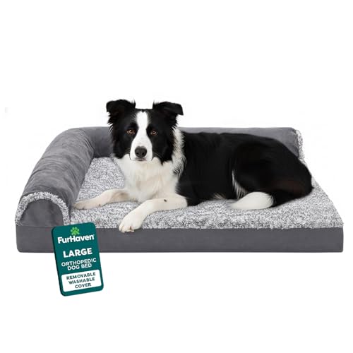 FurHaven Orthopedic Dog Bed for Large Dogs, L-Shaped Chaise Contour with Orthopedic Egg Crate & a Solid Orthopedic Foam Base for Joint Support, Washable Cover, Large, Faux Fur & Suede, Stone Gray - color: Stone Gray, size: Large