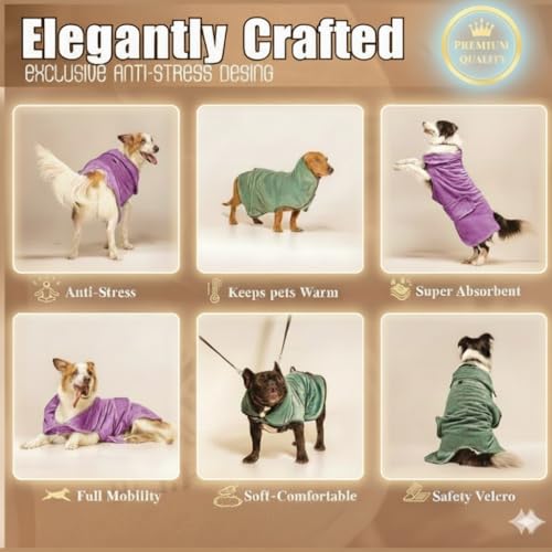 |FELPACTIVE® Premium Dog Drying Robe | Sizes S - XXXL | Quick-Drying Super Absorbent Double-Layer Microfiber | Soft & Snug Fit | Includes Luxury Gift Box + EBOOK | Dog Bath Robe, Pet Warming Bathrobe - color: jade green, size: Large