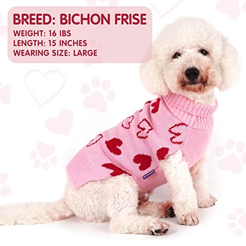 cyeollo Dog Valentines Outfit, Soft Knitted Stretchy Dog Sweaters for Small Dogs Girl, Warm Turtleneck Pullover, Comfy Pet Clothes with Leash Hole, Heart Pattern Holiday Dogs Sweater, Pink S - color: 2# Valentine's, size: Small