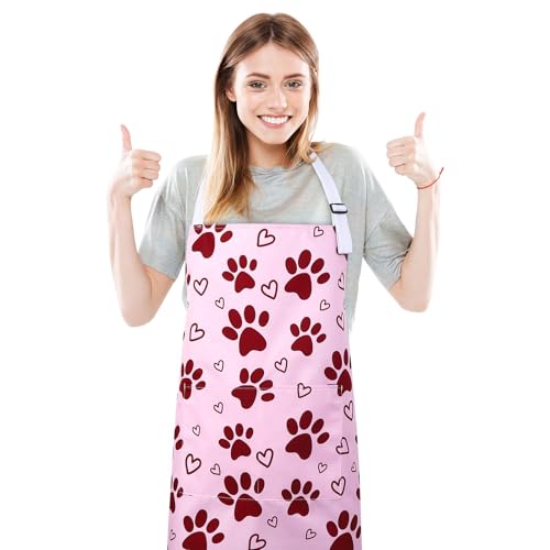 Dog Grooming Waterproof Apron with 2 Pockets, Cute Animals Puppy Dog Pets Apron - style: Red Heart Dog Paw