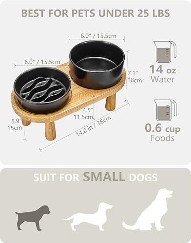 Ceramic Slow Feeder and Water Bowl Set for Small Dogs, 0.6 Cups Dog Slow Feeder(14oz) and 30oz Water Bowl Set, 6in, Black - color: Black, size: 6-Inch