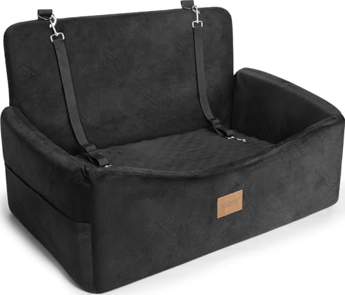 JOEJOY Dog Car Seat for Large Medium Sized Dogs Under 55 lbs, Dog Booster Seat for 2 Small Dogs with Detachable Washable Cover, Memory Foam Pet Car Seat with 2 Safety Belts and Storage Pockets - color: Black, size: Medium/Large