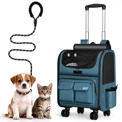 MGB Cat Carrier with Wheels, Foldable Rolling Pet Carrier with Removable Wheels, Cat Rolling Bag 21.3"x15"x12.2" for Cats & Dog for Travel, Outdoor, Vet Visits, Indoor. Denim Blue (Not for Airline) - color: Blue