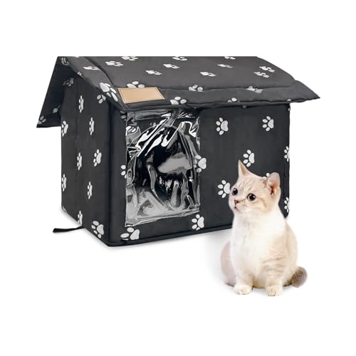 Fhiny Stray Cats Shelter, Waterproof Outdoor Cat House Foldable Warm Pet Cave for Winter Wild Animal Tent Bed Anti-Slip Kitten Cave for Feral Cat Dog Puppy Weatherproof Black (S:13.4"×11.8"×13.7") - size: S:13.4"×11.8"×13.7"