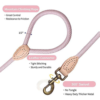 Mile High Life Dog Leash, Rope Leash with Genuine Leather Connection and Heavy Duty Metal Clasp, Great for Small Medium Large Dogs(Pink,48 Inch) - color: Rope Handle-Pink, size: 48 Inch-1/2"