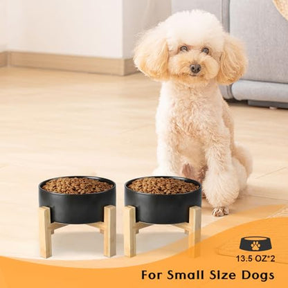 SPUNKYJUNKY Ceramic Elevated Dog Bowls 2 Pack - 5.1inch Raised Dog Bowls with Non-Slip Wooden Stand for Small Dogs Dishwasher Safe(Black,13.5OZ*2) - color: Black, size: Small - 1.7 CUPS*2