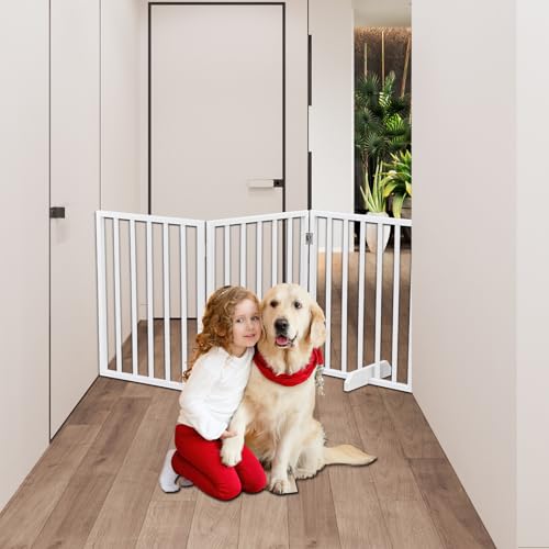 Wooden Dog Fence,24”H Free Standing Pet Gate for Dog Cat, Tall Wooden Dog Gates for Doorway, Stairs, Foldable Pet Fence for The House, Expandable Dog Barrier, Indoor Use, White