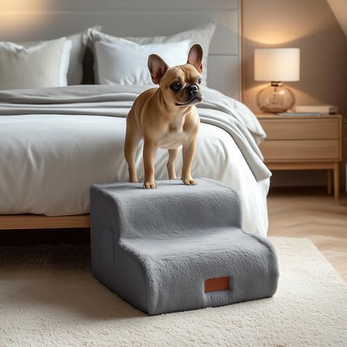PETNOVO Dog Stairs for Couch and Sofa, 2-Step Dog Steps for Small Dogs, Faux Fur Non-Slip Foam Pet Stairs, Washable Cover, 15.7" D x 15.7" W x 11.8" H, Gray - color: Gray, size: 15.7"D x 15.7"Wx 11.8"H