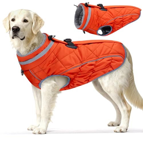 Dog Coat, Warm Dog Winter Coat for Large Dogs, Waterproof Jacket with Harness Built in, Reflective Turtleneck Cold Weather Coats with Zipper,Pet Fleece Vest Snow Jacket, Orange L - color: Orange, size: L