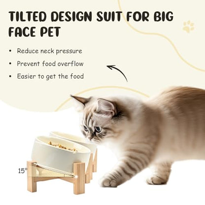 SPUNKYJUNKY 15° Slanted Ceramic Dog and Cat Bowl with Wooden Stand, Tilted Bulldog Food and Water Bowl No Slip Non-Spill for Cats Medium Dogs Big Face Pets 13.5 OZ (1.7 Cups, Beige × 2) - color: Beige, size: 1.7 CUPS × 2