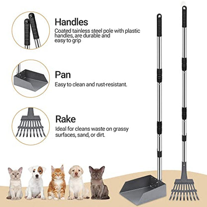 Heeyoo Dog Pooper Scooper, Dog Poop Tray and Rake Set, Pet Waste Removal Scoop with Long Adjustable Sectional Stainless Handles - color: Silver/Black