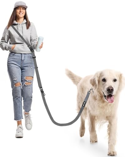 Hands Free Dog Leash with Seatbelt, 9.5 FT Adjustable Handheld/Crossbody/Waist Leash for Dog Walking, Reflective, 360° Tangle-Free, Shock Absorbing for Medium & Large Dogs. - color: Grey