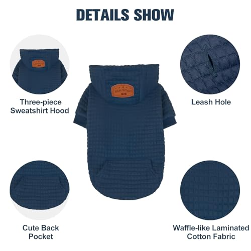 BEAUTYZOO Small Dog Hoodie Sweater with Pockets, Dog Clothes for Small Medium Dogs Boy Girl, Waffle-Like Laminated Cotton Pet Coats with Hat and Leash Hole, Navy Blue XS - color: Navy Blue, size: XS (Back: 10",Chest: 14", Neck: 8.7")