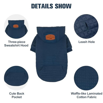 BEAUTYZOO Small Dog Hoodie Sweater with Pockets, Dog Clothes for Small Medium Dogs Boy Girl, Waffle-Like Laminated Cotton Pet Coats with Hat and Leash Hole, Navy Blue XS - color: Navy Blue, size: XS (Back: 10",Chest: 14", Neck: 8.7")