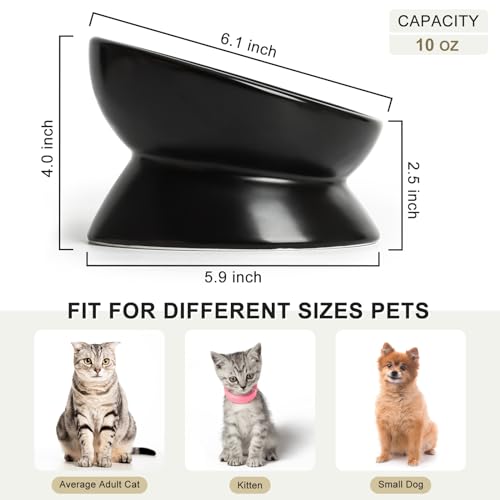 YauYik Ceramic Raised Cat Bowl - Cat Food Bowl Elevated Tilted for Short Leg Cats and Small Dogs - 6 Inches Whisker Friendly Pet Bowl Dish, Reduce Neck Burden Feeding Bowl, Black, 10 Oz