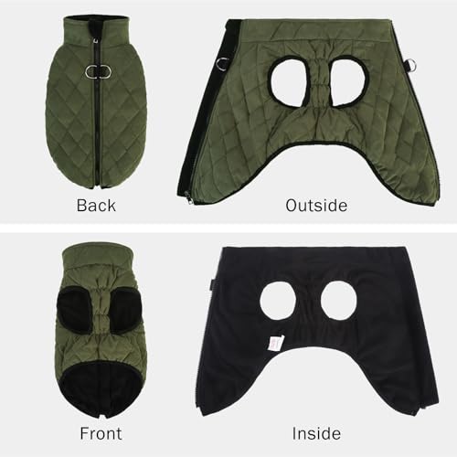 SCENEREAL Dachshund Winter Dog Vest Coat with Harness Built in, Warm Puppy Jacket for Small Medium Dogs, Cold Weather Coat with Zipper, Fleece Puffer Vest Windproof Snow Clothes - color: #1 Olive-Matte, size: S(Chest 14.1")-Dachshund