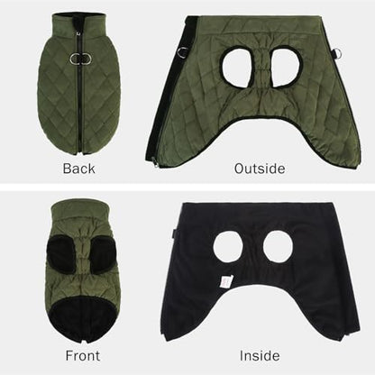 SCENEREAL Dachshund Winter Dog Vest Coat with Harness Built in, Warm Puppy Jacket for Small Medium Dogs, Cold Weather Coat with Zipper, Fleece Puffer Vest Windproof Snow Clothes - color: #1 Olive-Matte, size: S(Chest 14.1")-Dachshund