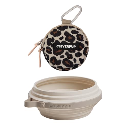 CLEVERPUP Nomad Large Collapsible Dog Bowl in Sand & Snackpack Double Insulated Treat Pouch in Leopard