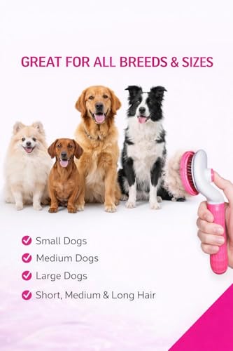 Self Cleaning Slicker Brush for Dogs & Cats – Deshedding Grooming Tool with One Click Hair Removal – Gentle for Sensitive Skin - color: PINK