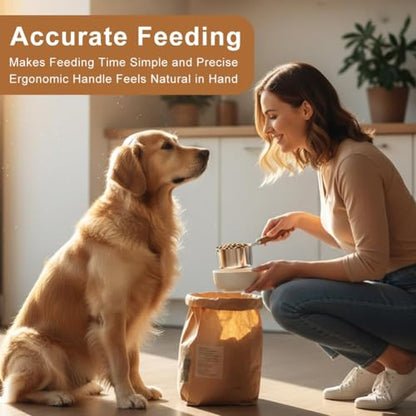 Dog Cat Food Scoop 1 Cup, 304 Stainless Steel Dog Food Measuring Cup with 410 Medium Scoop, Multi Purpose Tool with Walnut Wooden Handle for Pet Food, Rice, Flour, Precision Scale Measurements