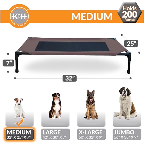 K&H Outdoor Elevated Dog Bed - Cooling Raised Dog Bed for Small & Medium Pets, Breathable Mesh Center Hammock Design, Indoor/Outdoor Washable Cover, Portable Metal Frame, Chocolate, Medium 32x25in